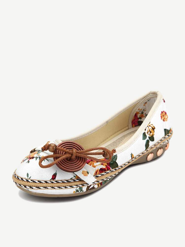Bowknot Button Flower Small Wooden Decoration Slip On Flat Loafers