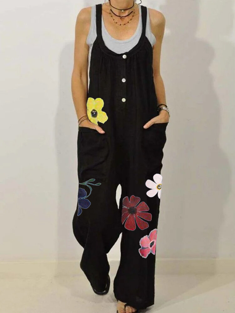 Floral Printed Sleeveless Straps Button Jumpsuit With Pocket