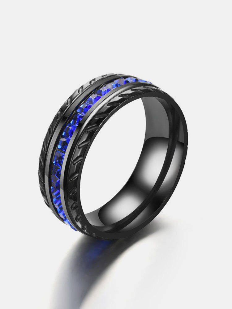 Trendy Simple Black Blue Cubic Rhinestone Circle-shaped Stainless Steel Rings