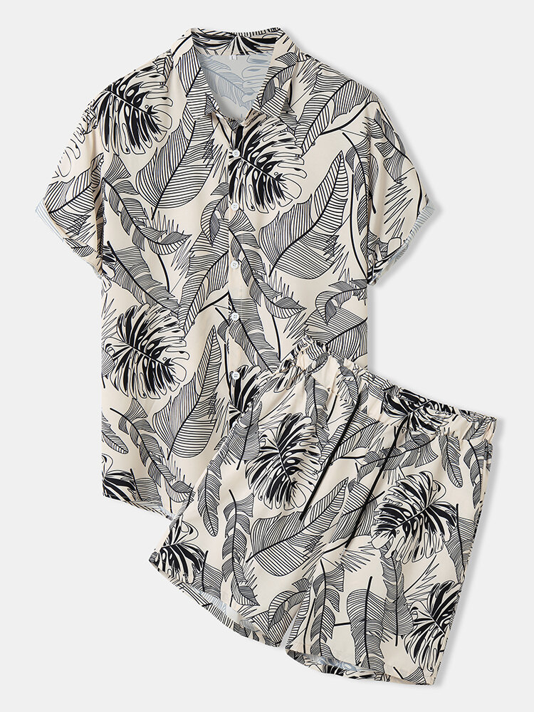 Mens Tropical Leaf Print Button Up Holiday Two Pieces Outfits