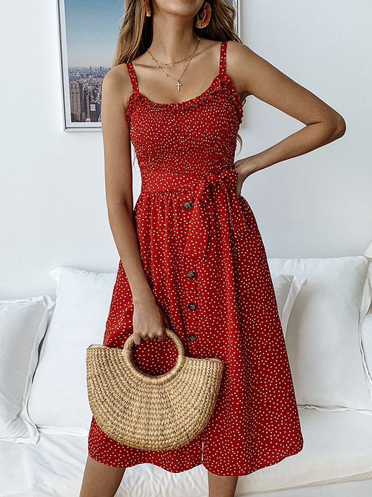 

Polka Dots Print Spaghetti Straps Casual Dress, Red