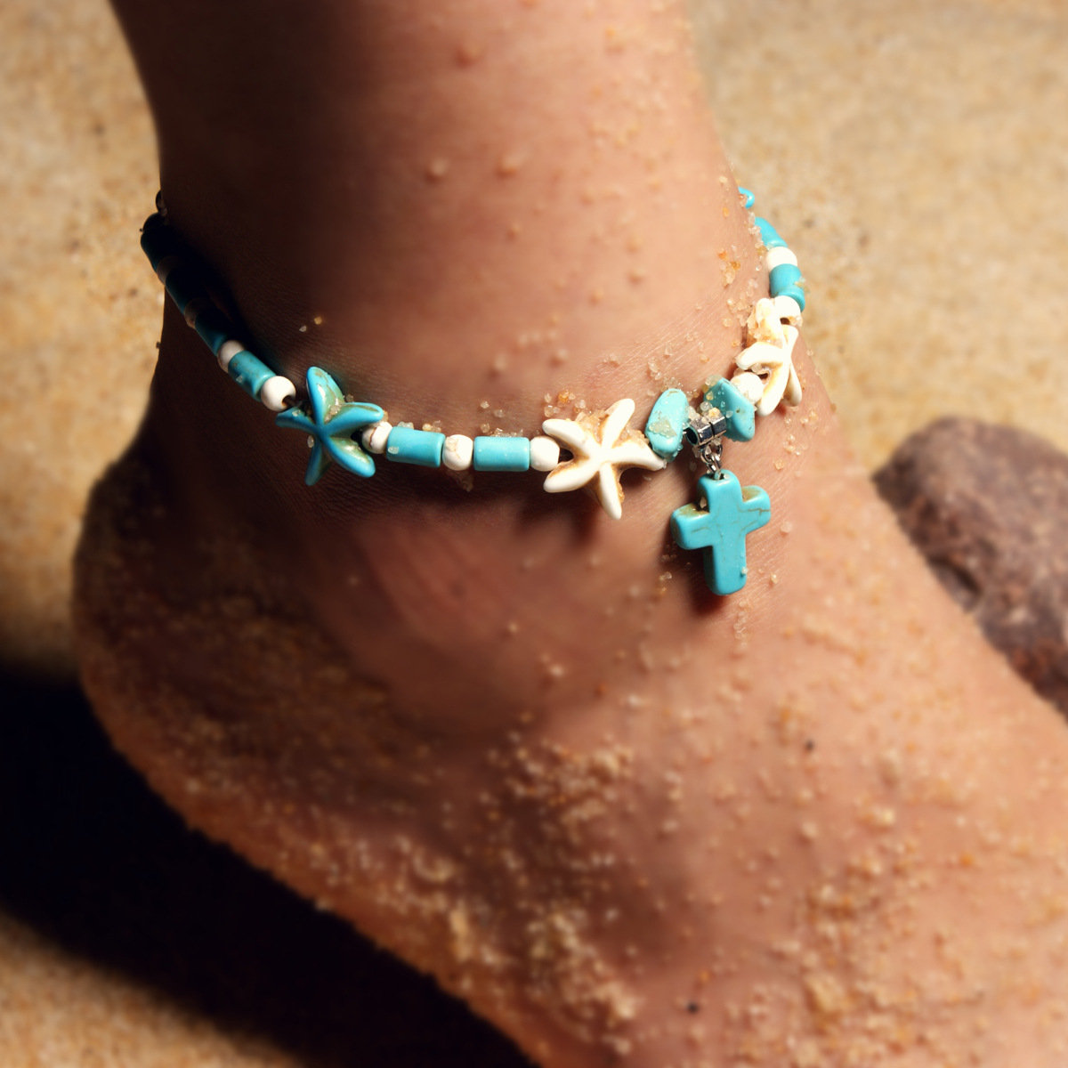 Vintage Starfish Anklet Turquoise Cross Pendant Women Ankletethnic Style Anklet