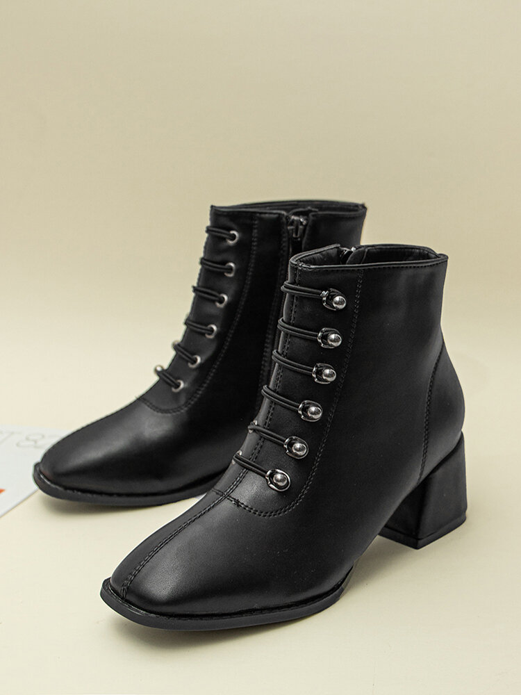 Women Comfortable Warm Lined Side-zip Square Toe Chunky Heel Short Boots