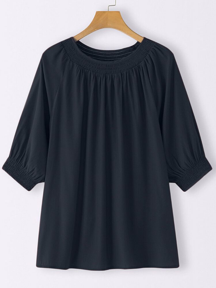 Solid Shirred Half Sleeve Crew Neck Loose Blouse