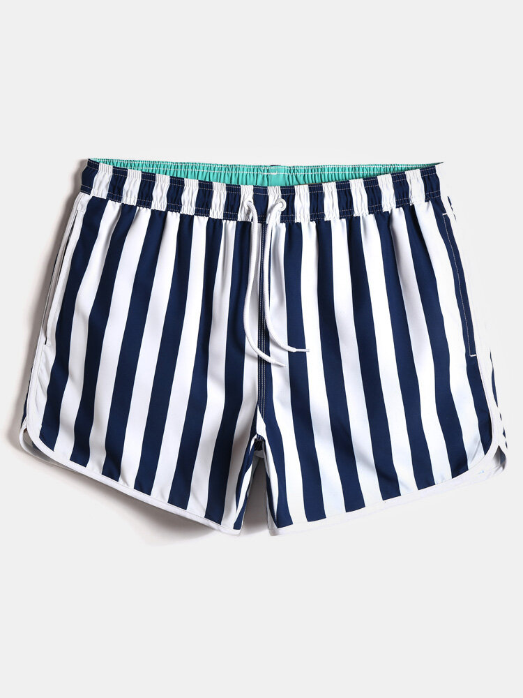 Mens Classic Striped Print Loose Quick Dry Drawstring Waist Holiday Beach Board Shorts