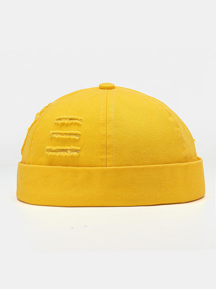 

Unisex Cotton Solid Color Damaged Stitch Patch Fashion Brimless Beanie Landlord Cap Skull Cap, Yellow