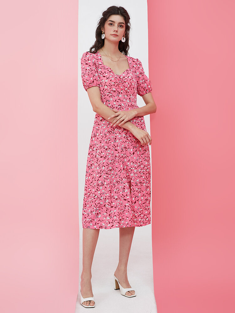 Floral Print Puff Sleeve Slit Ruched Square Collar Pink Dress