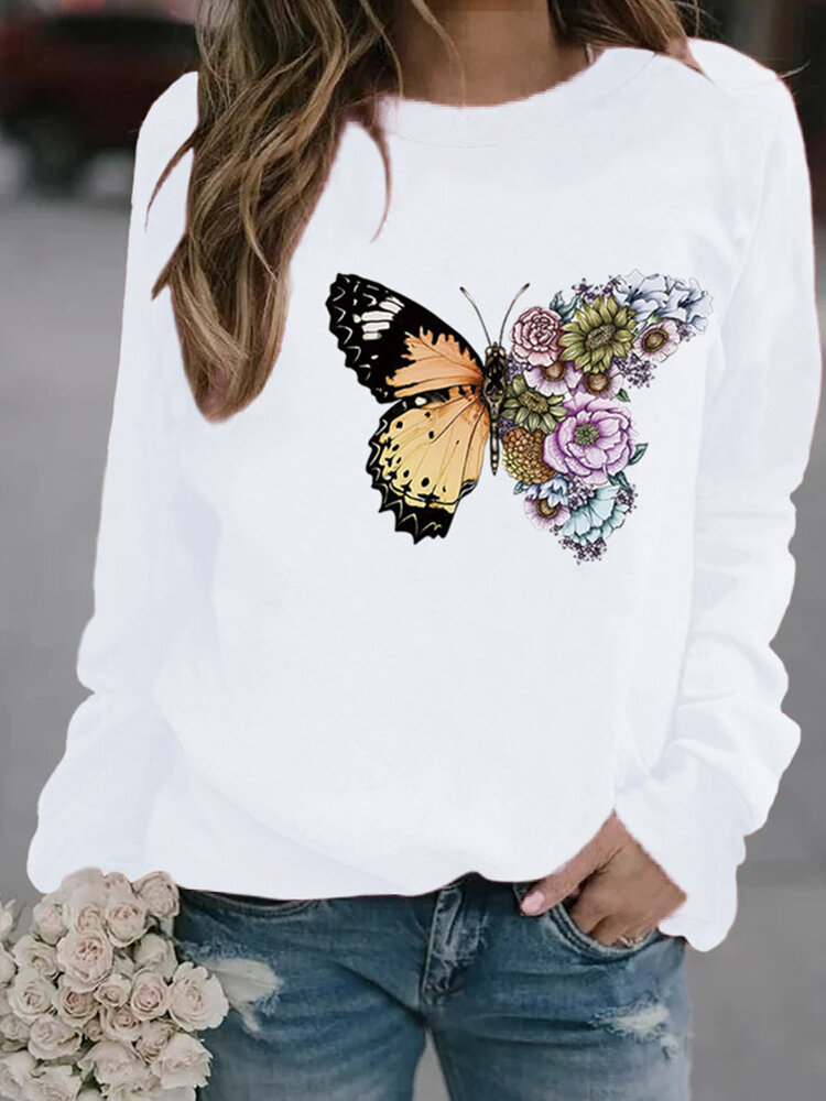 Butter Flower Print O-neck Long Sleeve Casual Sweatshirt For Women