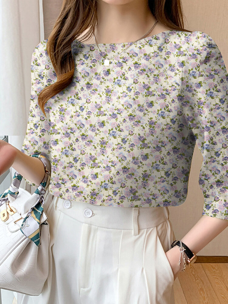 Allover Floral Print 3/4 Sleeve Crew Neck Blouse