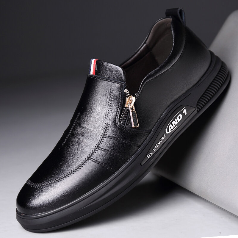 Men Side Zipper Slip On Business Casual Leather Loafers
