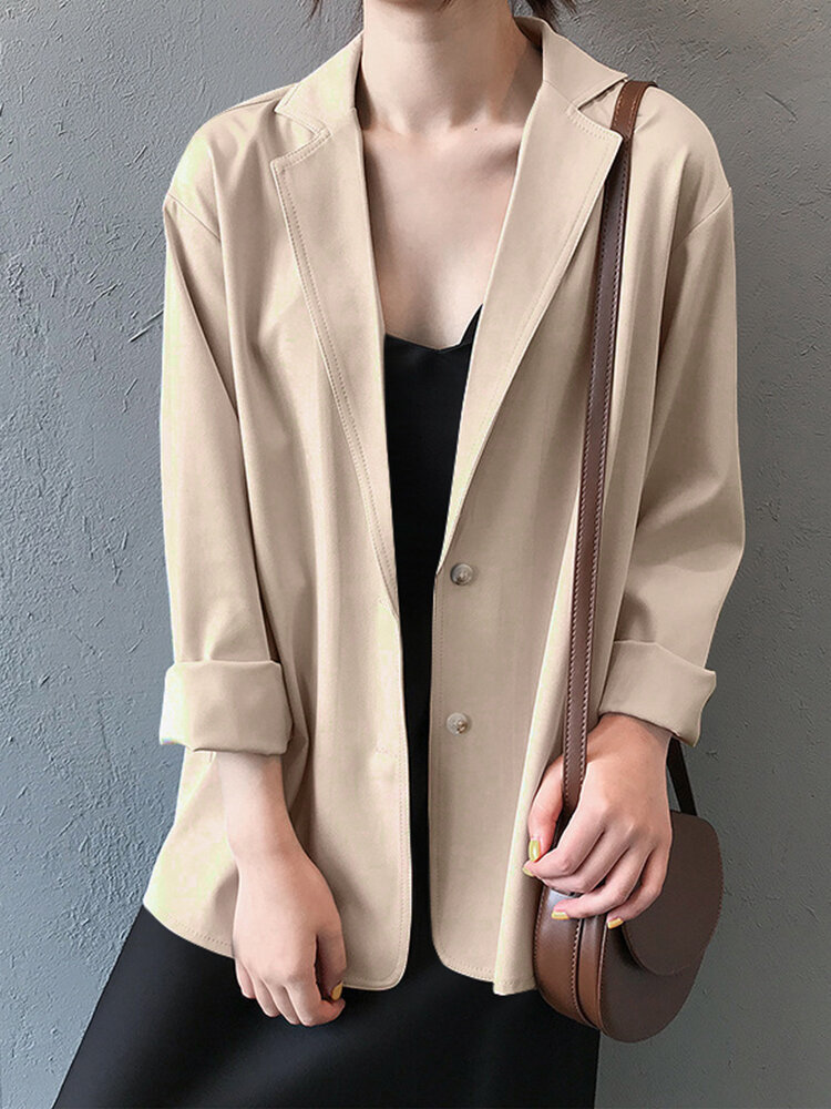 Solid Button Front Lapel Long Sleeve Loose Blazer