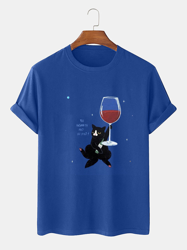 Mens Cartoon Cat Wine Glass Print Crew Neck Short Sleeve T-Shirts