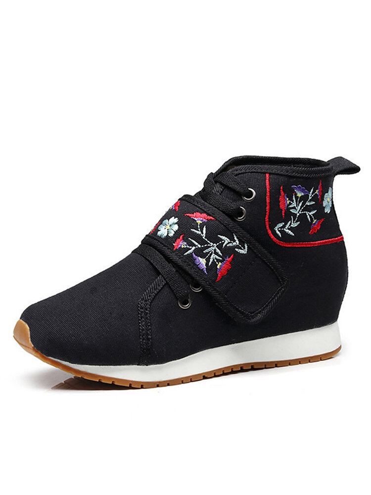Women Casual Embroidery Flower Pattern Warm Lined Lace-up Hook Loop Ankle Boots