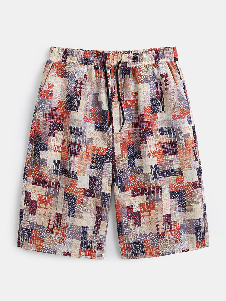 Men Geometric Stitching Wide Legged Water Resistant Loose Fit Board Shorts