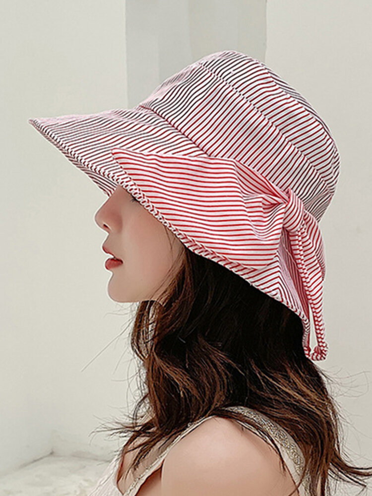 Stripe Beach Sun Hat  Cotton Wide Brim Hat For Women Elegant Multipurpose Foldable Anti-UV Cap For Lady