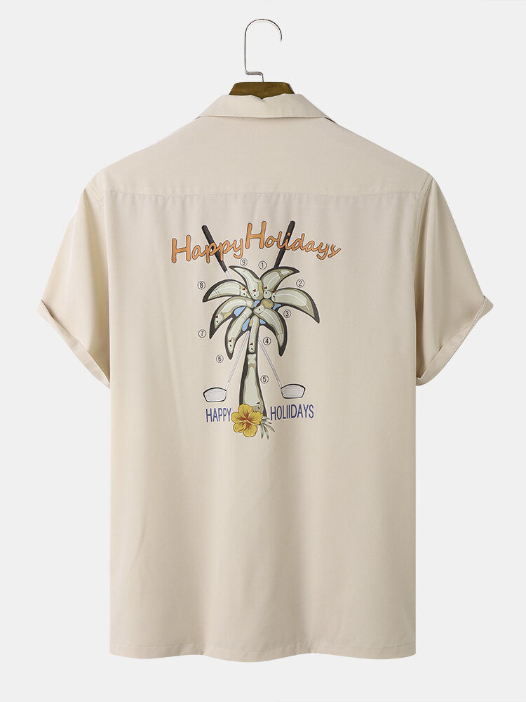 Mens Coconut Tree & Letter Back Print Revere Collar Holiday Shirt With Pocket