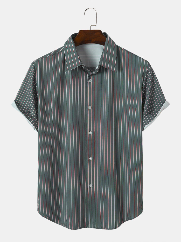 

Men Allover Pinstriped Print Soft Curved Hem Comfy Breathable All Matched Shirts, Green