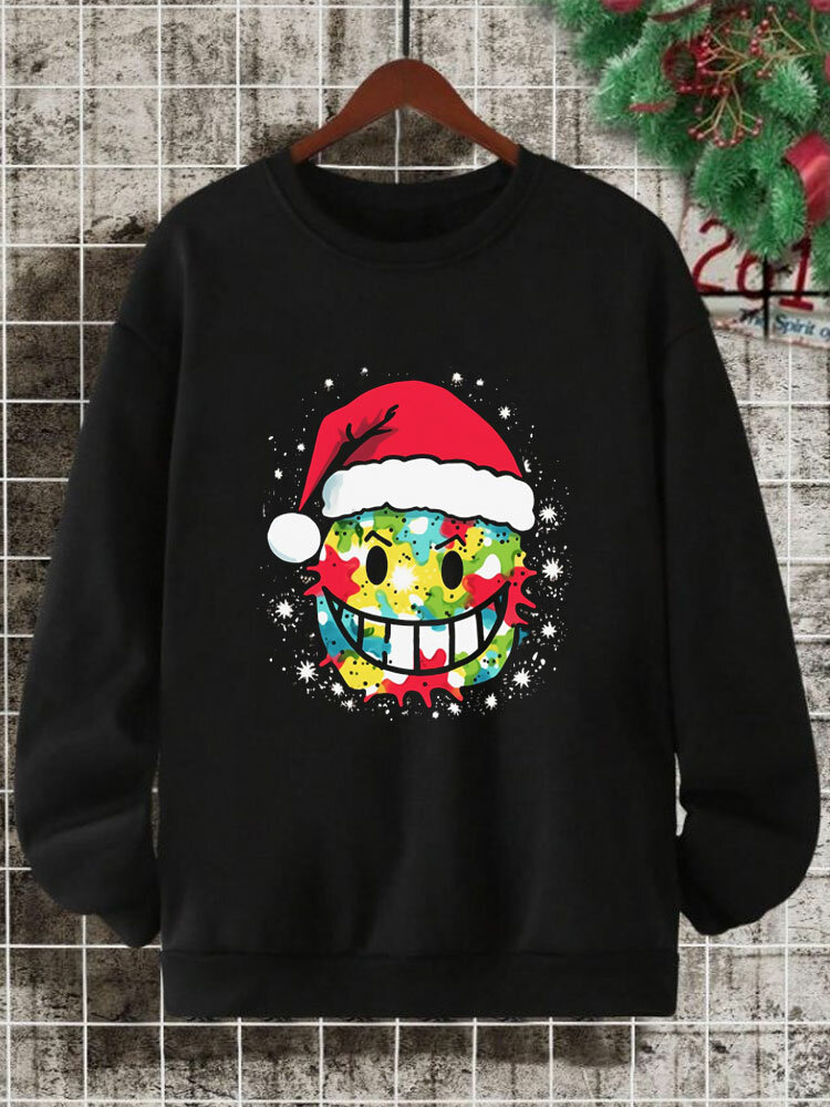 Mens Christmas Smile Face Print Crew Neck Pullover Sweatshirts Winter