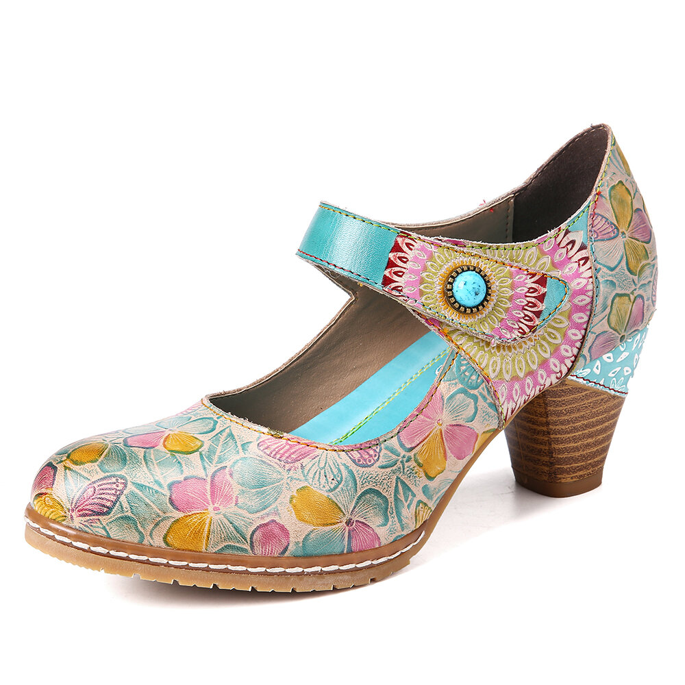Retro Embossed Painted Floral Rubber Outsole Hook Loop Lovely Pumps