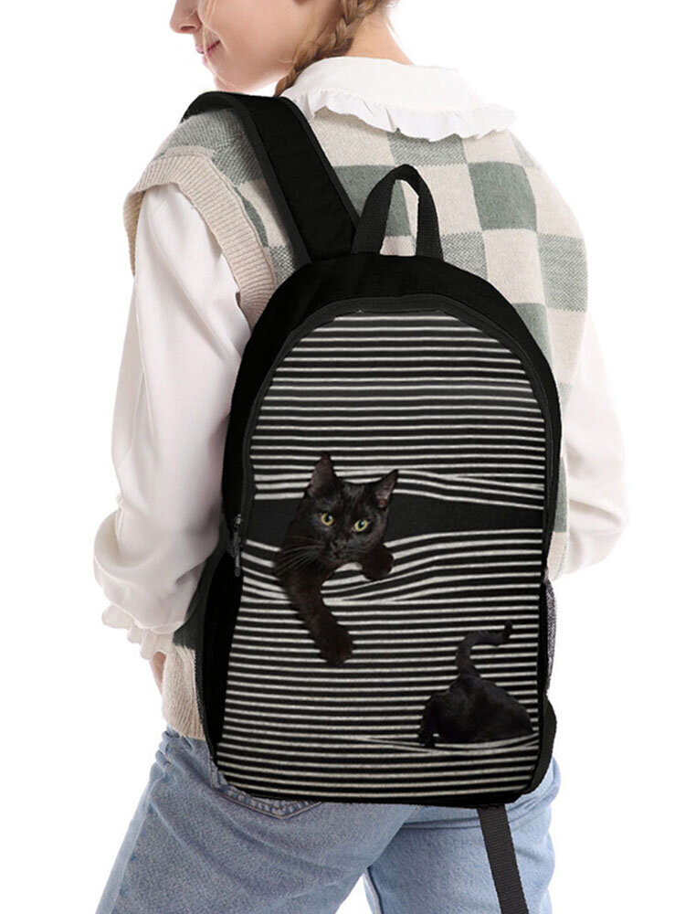 Women Oxford Large Capacity Black Cat Striped Pattern Printing Backpack