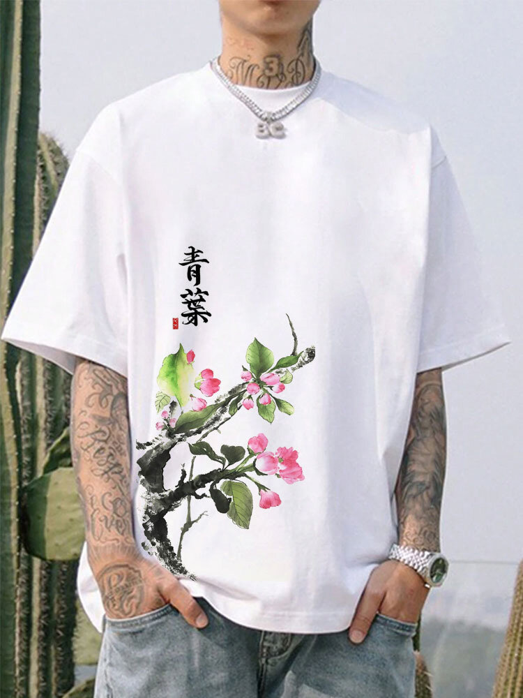 

Mens Chinese Ink Floral Print Crew Neck Short Sleeve T-Shirts Winter, White