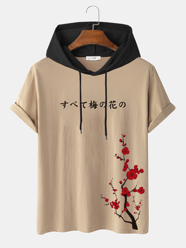 मेन्स जापानी प्लम बॉसम प्रिंट शॉर्ट स्लीव कंट्रास्ट हूडेड टी-शर्ट्स