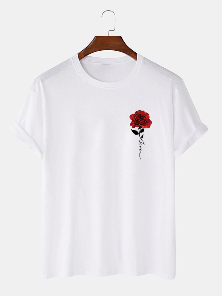 Mens Rose Floral Chest Print Cotton Short Sleeve T-Shirts