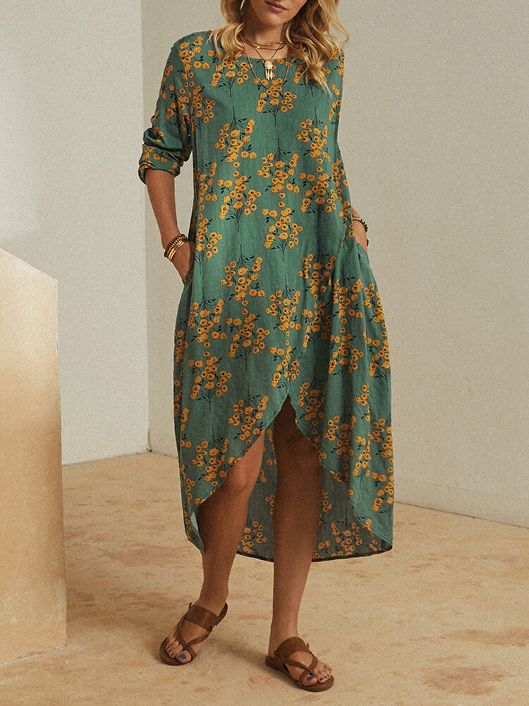 Vintage Blumendruck Langarm-O-Ausschnitt Asymmetrischer Midi Kleid
