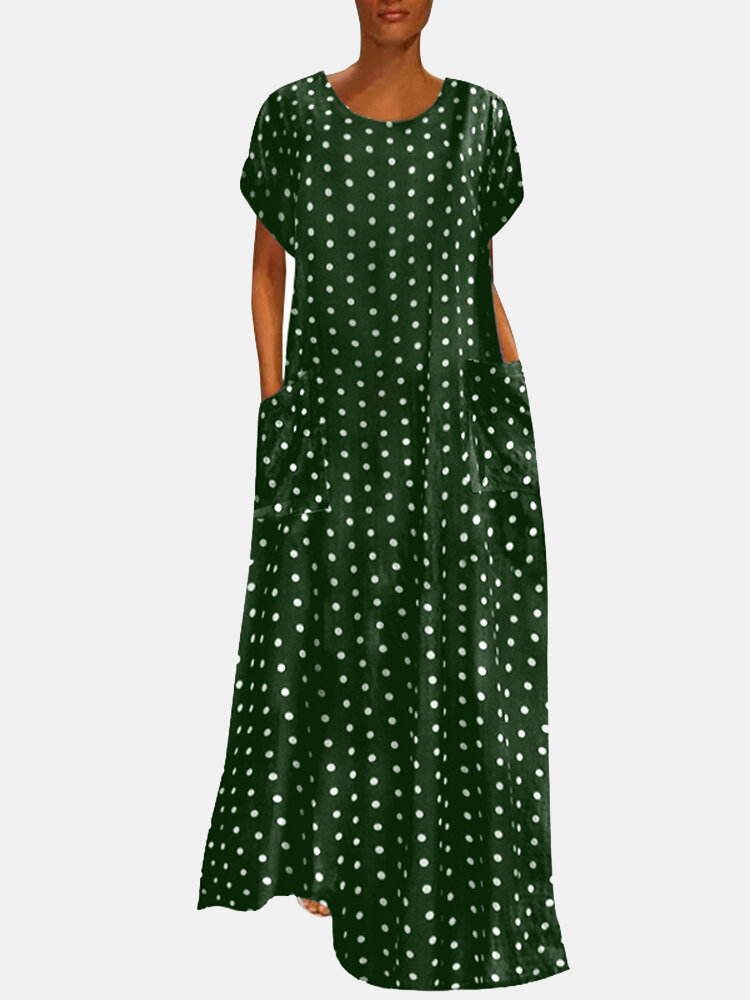 Polka Dot Pockets Short Sleeve Casual Maxi Dress For Women