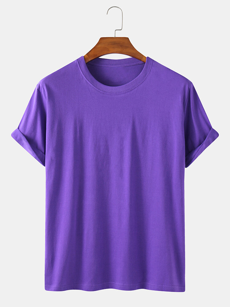 Mens 100% Cotton Solid Color Round Neck Casual Short Sleeve T-shirts
