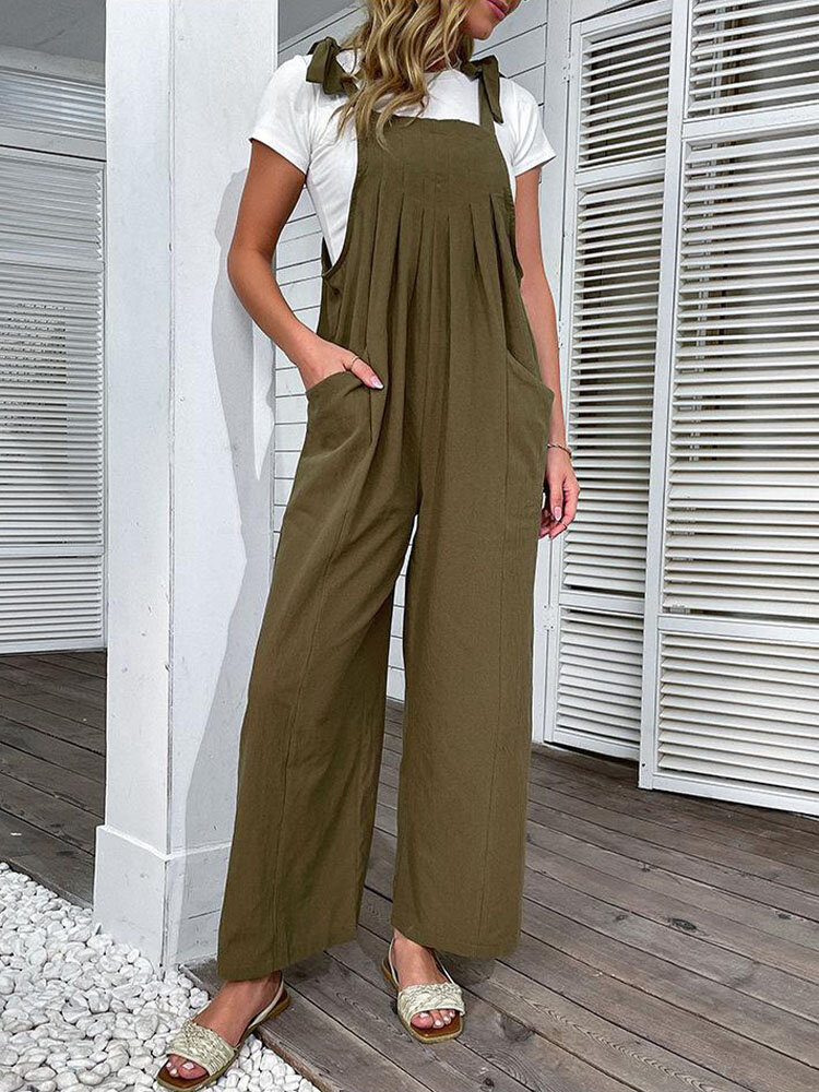 Solid Pocket Pleated Self Tie Strap Open Back Jumpsuit