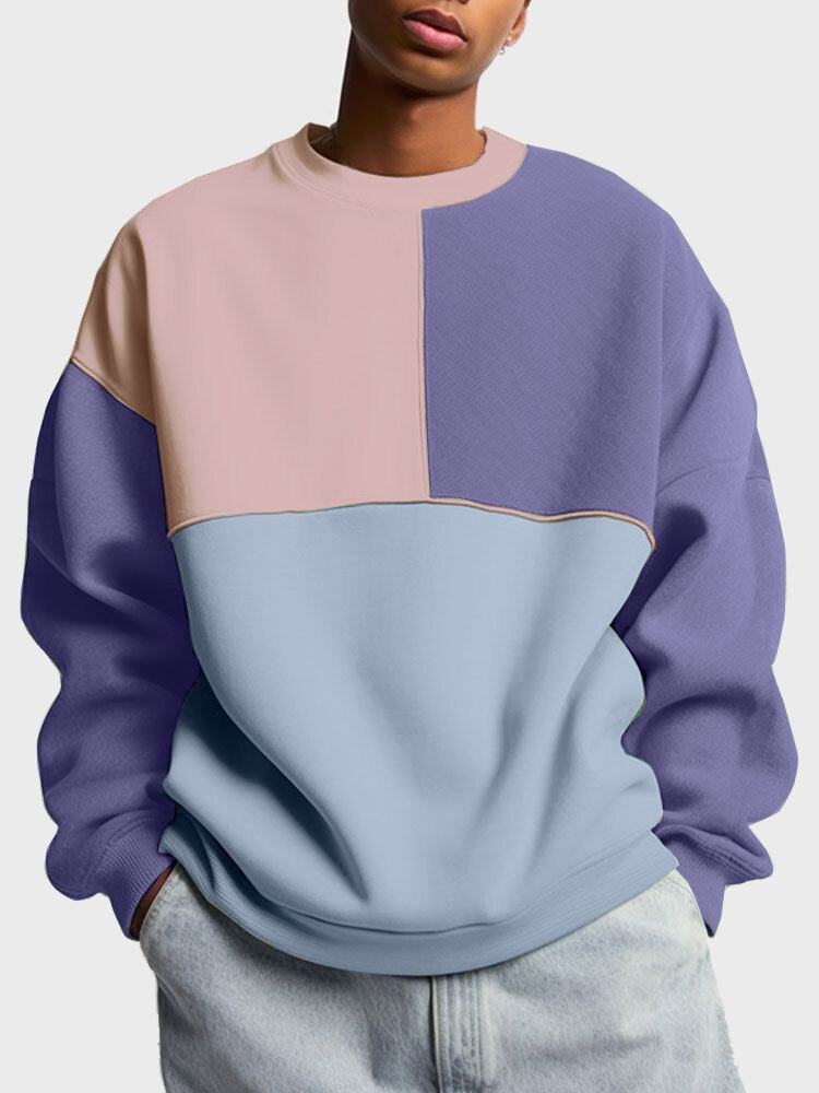 Suéter masculino colorido patchwork com gola redonda e pulôver solto