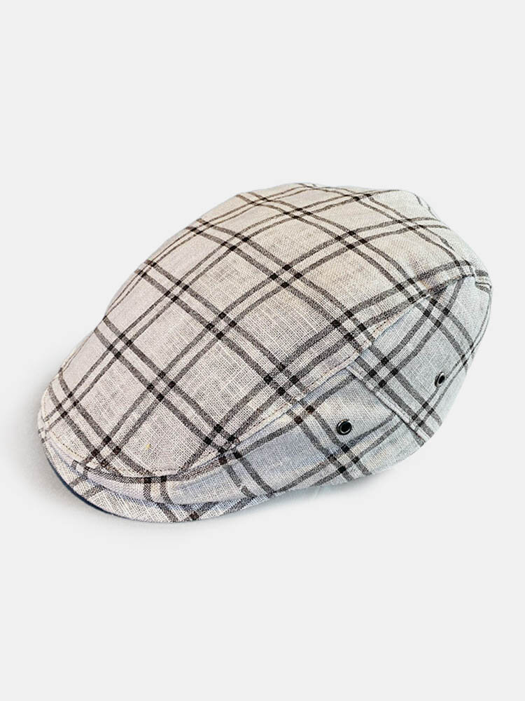 Men Cotton Linen Lattice Pattern Thin Retro Sunshade Forward Hat Beret