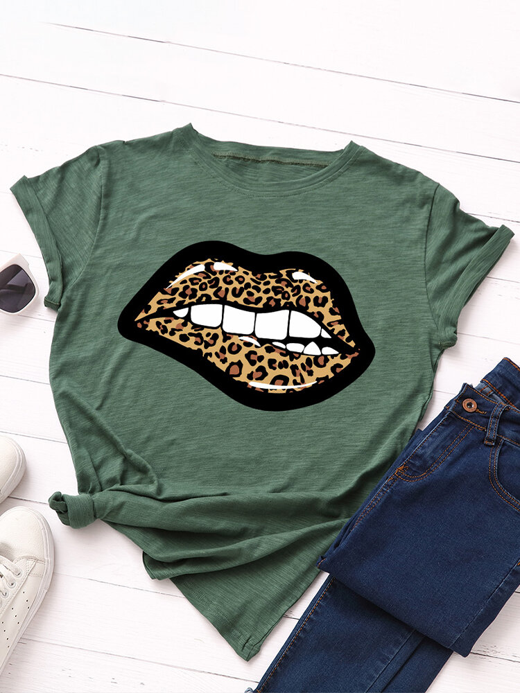 

Leopard Lips Print Short Sleeve O-neck Loose T-Shirt For Women, Black;yellow;white;meteor gray;meteor white;dark green;wine red;dark gray;pink;dark pink;olive green;navy;blue;red;fluorescent green;gray
