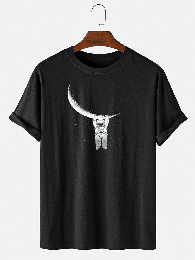 Mens Cartoon Astronaut Moon Print Cotton Short Sleeve T-Shirts