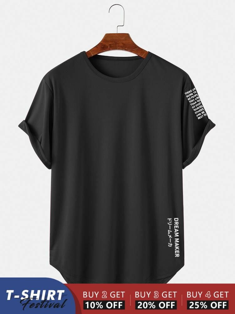 T-Shirts für Herren mit japanischem Buchstaben-Druck, hoch und tief, abgerundetem Saum, kurzärmelig