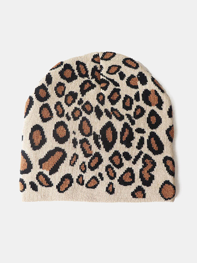 Unisex Acrylic Knitted Leopard Color Contrast Striped Argyle Jacquard Elastic Warmth Brimless Beanie Hat
