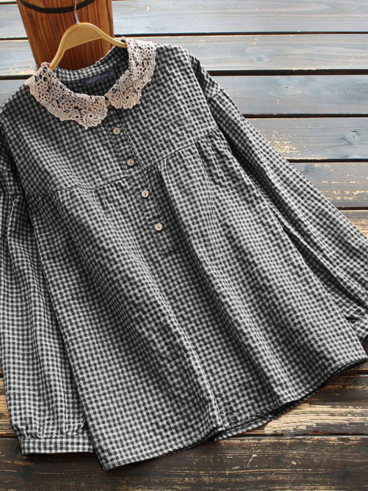 Клетчатая блузка с длинными рукавами и кружевом в стиле пэчворк For Женское