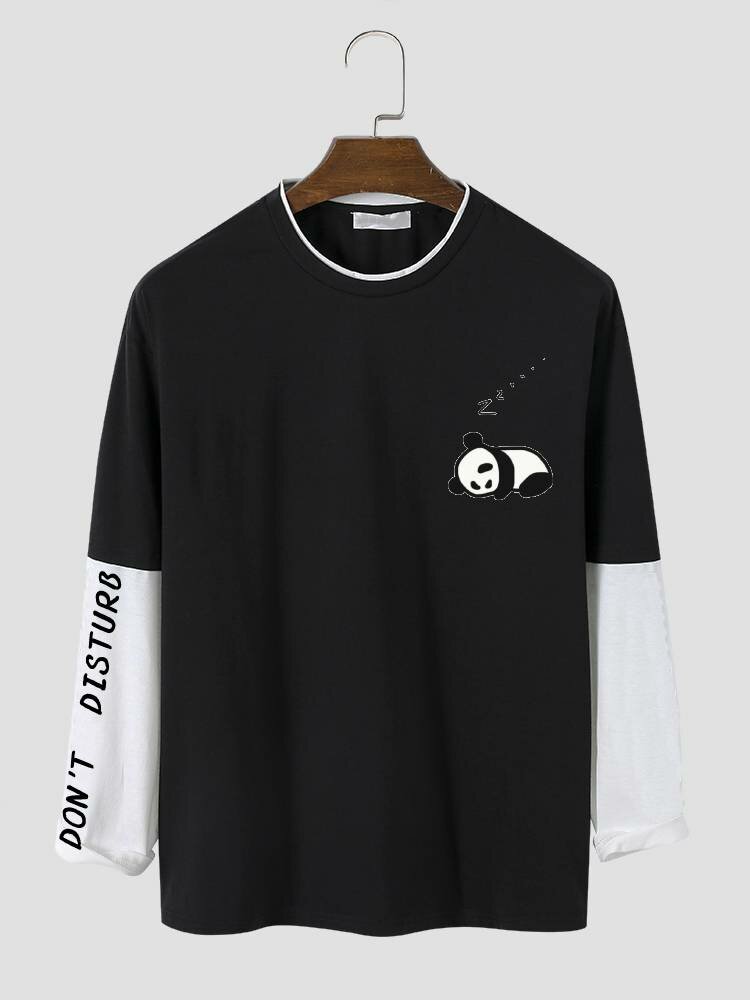 

Mens Panda Letter Print Contrast Faux Twinset Long Sleeve T-Shirts, Black