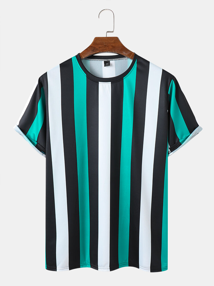 Mens Wide Striped Crew Neck Casual Short Sleeve T-Shirts