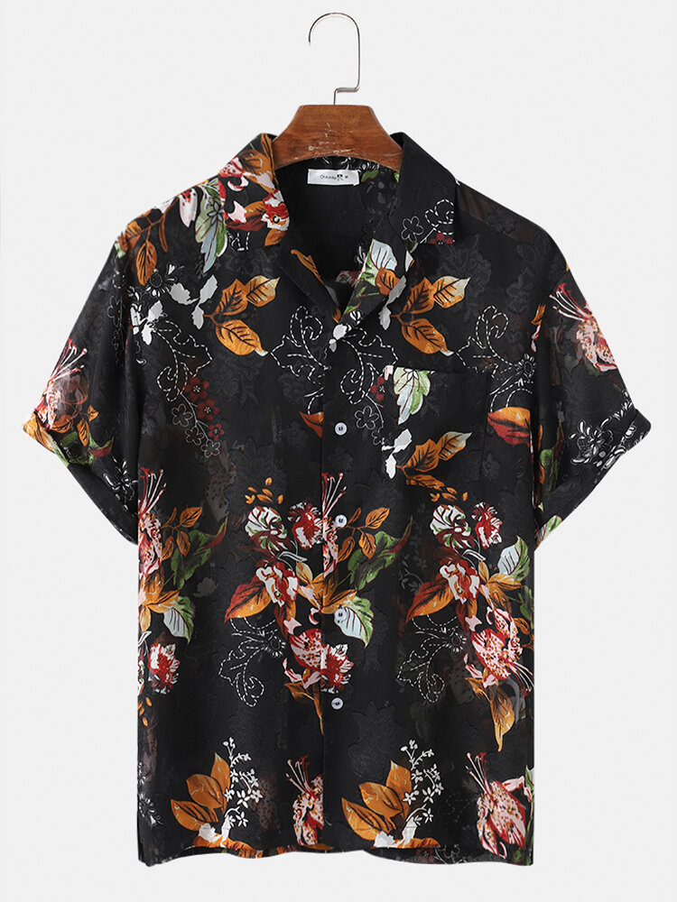 Mens Floral Print See Through Button Down Mesh Sheer Shirt With Pocket
