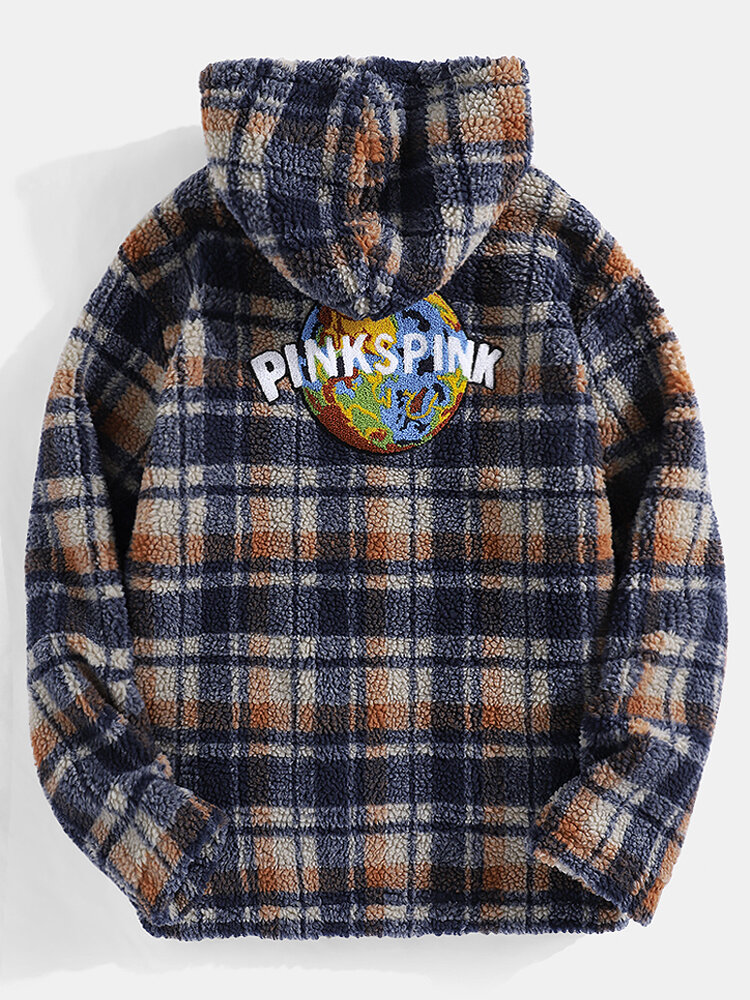 Mens Zip Front Plaid Back Patched Teddy Hooded Jacket With Pocket