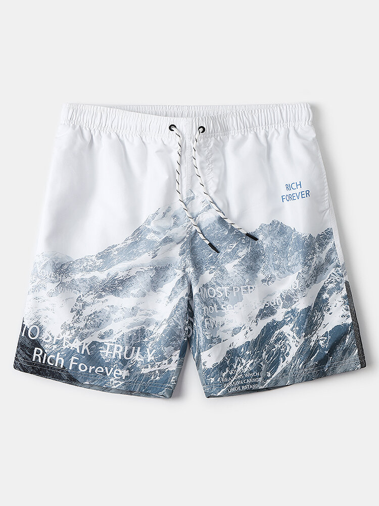 Mens Snow Mountain & Letter Print Quick Dry Pocket Board Shorts
