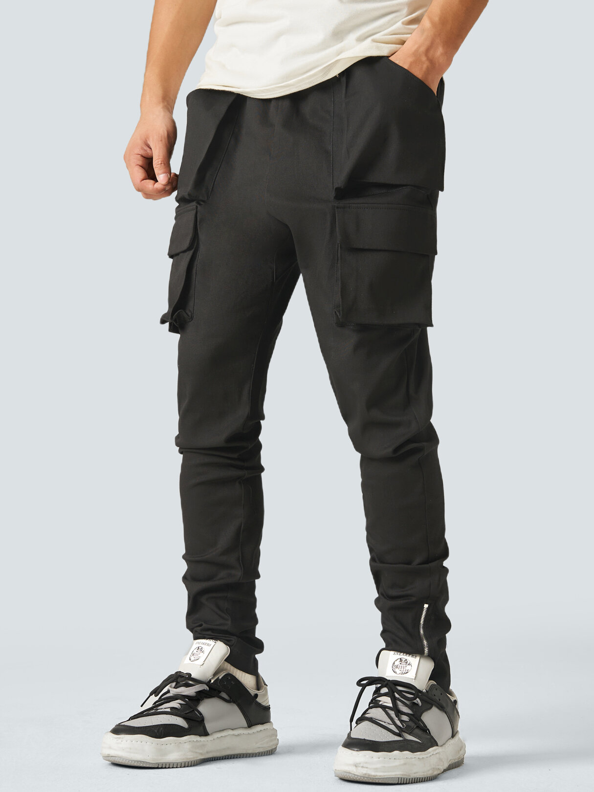 Mens Multi Pocket Zip Cuff Design Solid Cargo Pants