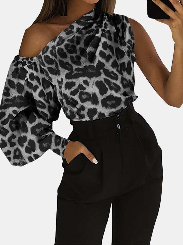

Wrinkled Off The Shoulder Asymmetrical Leopard Sexy Shirt, Dark grey;khaki