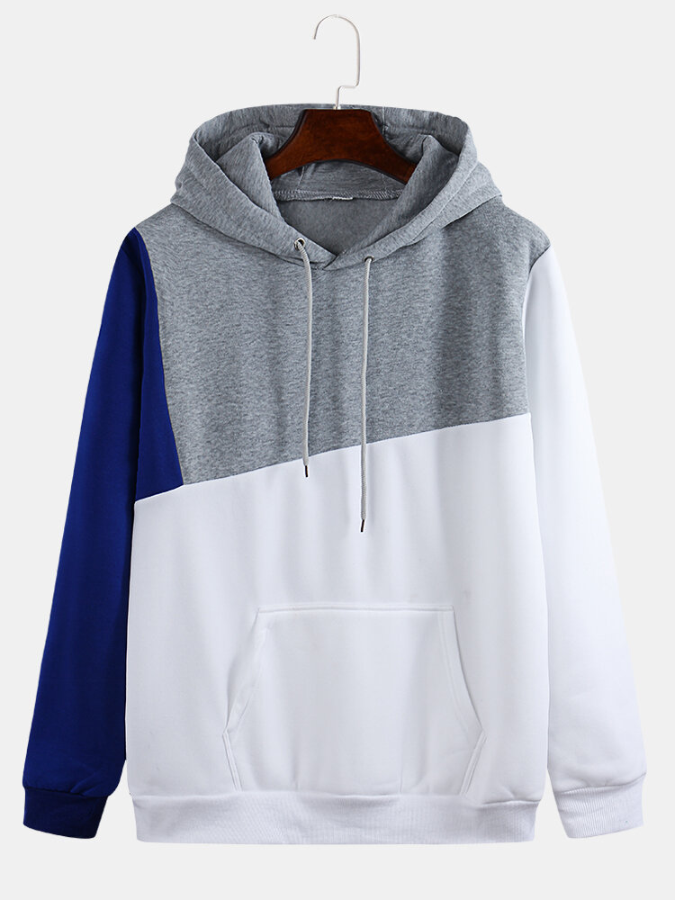 Mens Plain Style Contrast Color Patchwork Casual Drawstring Hoodies
