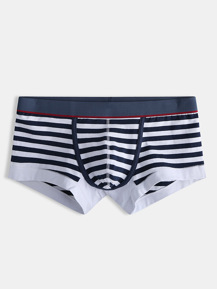 Men Striped Cotton Boxer Briefs Comfortable Contrast Color Contour Pouch Underwear