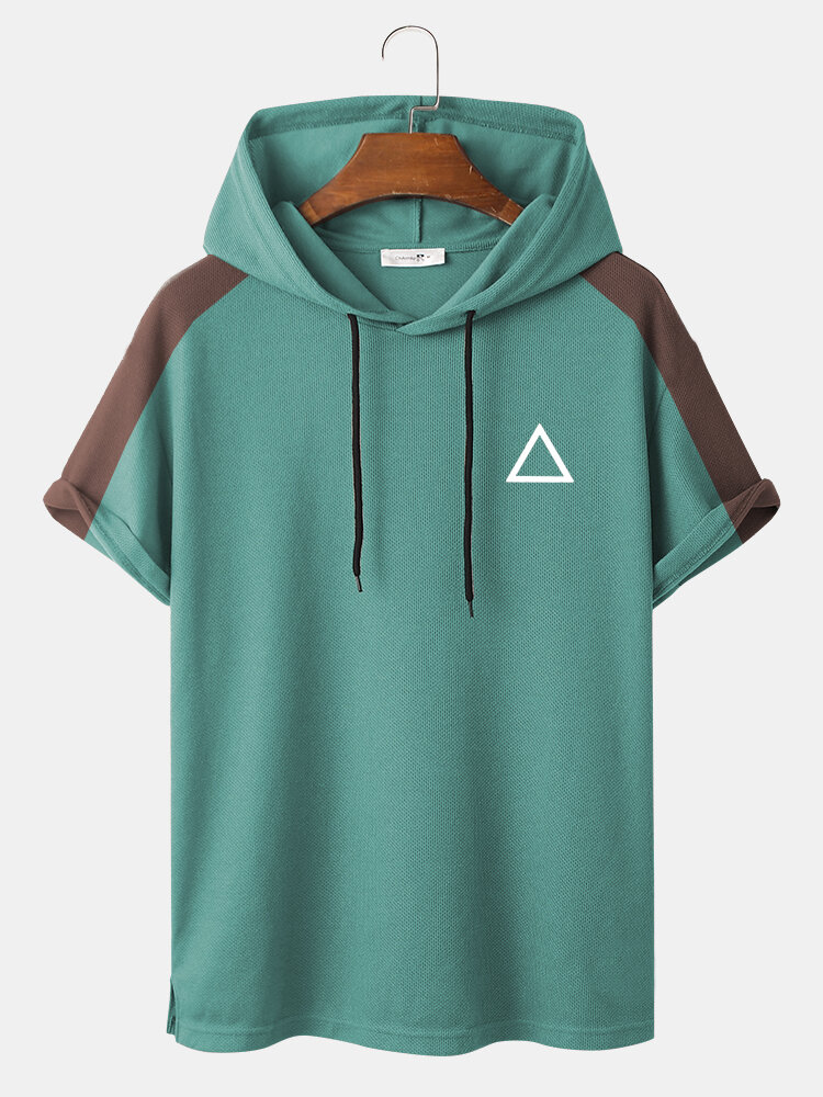 Mens Knit Triangle Pattern Side Stripe Casual Short Sleeve Hooded T-Shirts