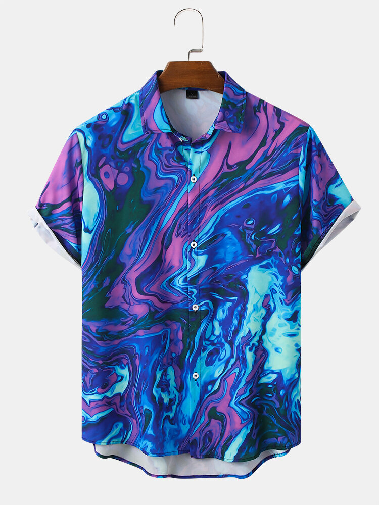 Mens Abstract Marble Pattern Button Up Street Short Sleeve Shirts