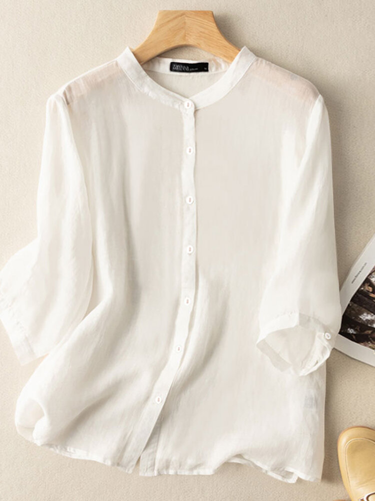 Solid Loose Button Half Sleeve Casual Crew Neck Blouse